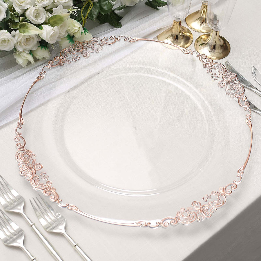 6 Pack | 13inch Clear Rose Gold Embossed Baroque Round Charger Plates With Antique Design Rim