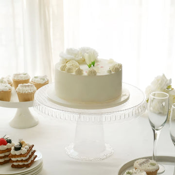 4 Pack | 13" Clear Round Footed Reusable Plastic Pedestal Cake Stands With Hollow Scalloped Edges