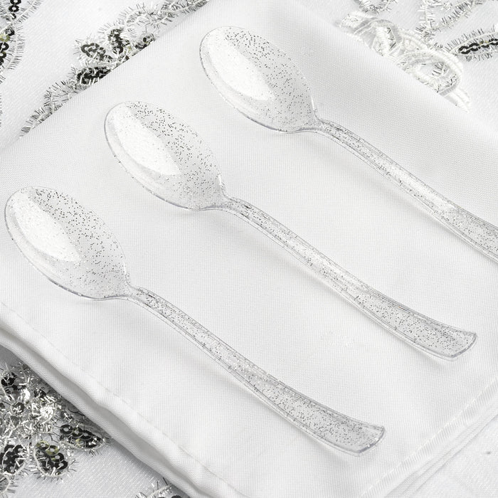 25 Pack - 7inch Clear Silver Glittered Heavy Duty Plastic Spoons, Utensils