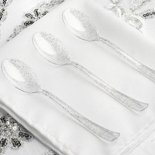 Add Elegance to Your Event with Clear Silver Glitter Disposable Spoons