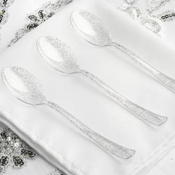 25 Pack 7" Clear Silver Glitter Classic Heavy Duty Disposable Spoons, Plastic Silverware