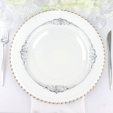 10 Pack 10" Clear Plastic Party Plates With Silver Leaf Embossed Baroque Rim, Round Disposable Dinner Plates