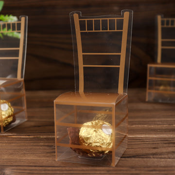 25 Pack | Clear and Gold PVC Chiavari Chair-Shaped Party Favor Candy Gift Boxes - 2"x5"