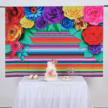 5ftx7ft Colorful Cinco De Mayo Fiesta Vinyl Photography Backdrop, Mexican Themed Multi-Color Striped / Paper Flowers Photo Booth Background