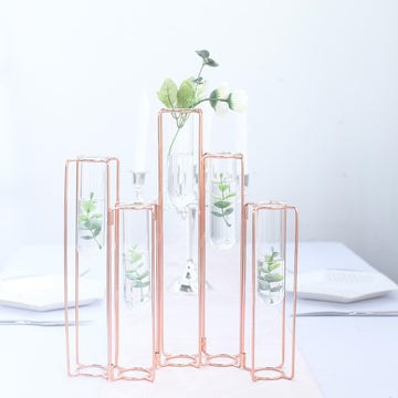 Set of 5 | 15" Conjoined Rose Gold Frame Test Tube Hydroponic Vases, Geometric Wedding Centerpieces