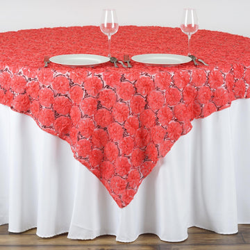 72"x72" Coral Satin 3D Blossoms Sequin Lace Square Table Overlay - Clearance SALE