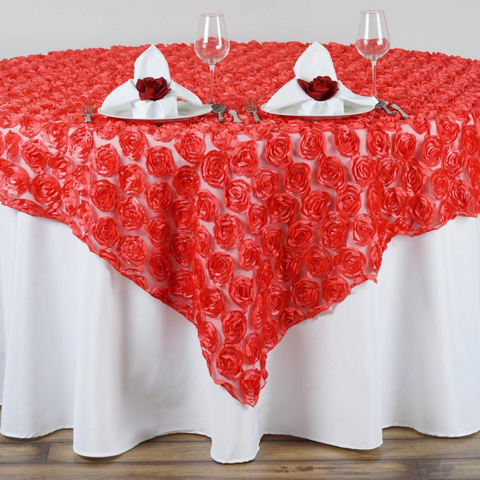 72x72" CORAL Lace Overlay with Rosette Flowers For Party Wedding Table Decoration#whtbkgd