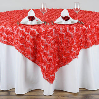 Add Elegance and Glamour with the Coral Satin 3D Rosette Lace Square Table Overlay