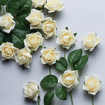 24 Roses | 2" Cream Artificial Foam Flowers With Stem Wire and Leaves
