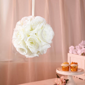 2 Pack | 7" Cream Artificial Silk Rose Kissing Ball, Faux Flower Ball