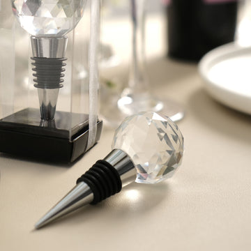 Crystal Glass Ball Metal Wine Bottle Stopper Plug Party Favor Gift Box - Clear Box, Thank You Card, and Ribbon Included