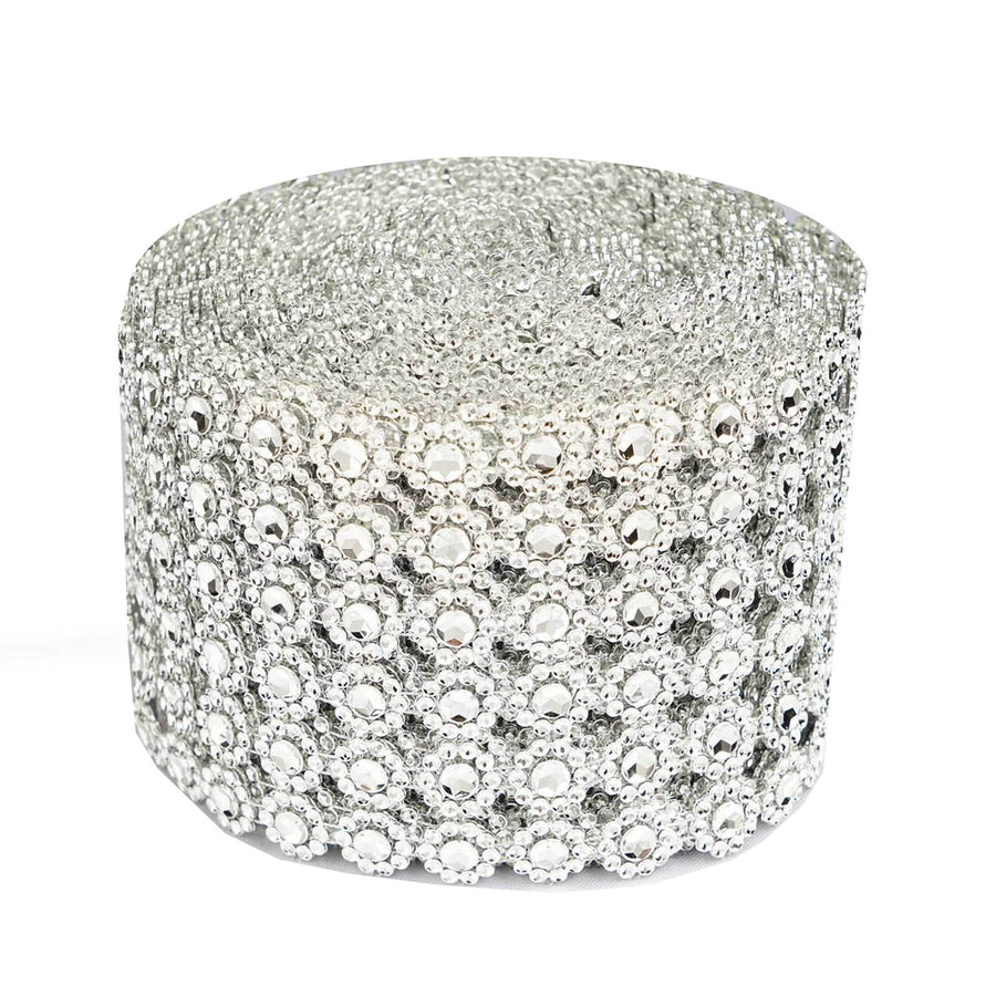 4 inch x 10 Yards Silver Fleur Diamond Rhinestone Ribbon Wrap Roll, DIY Craft Ribbon#whtbkgd