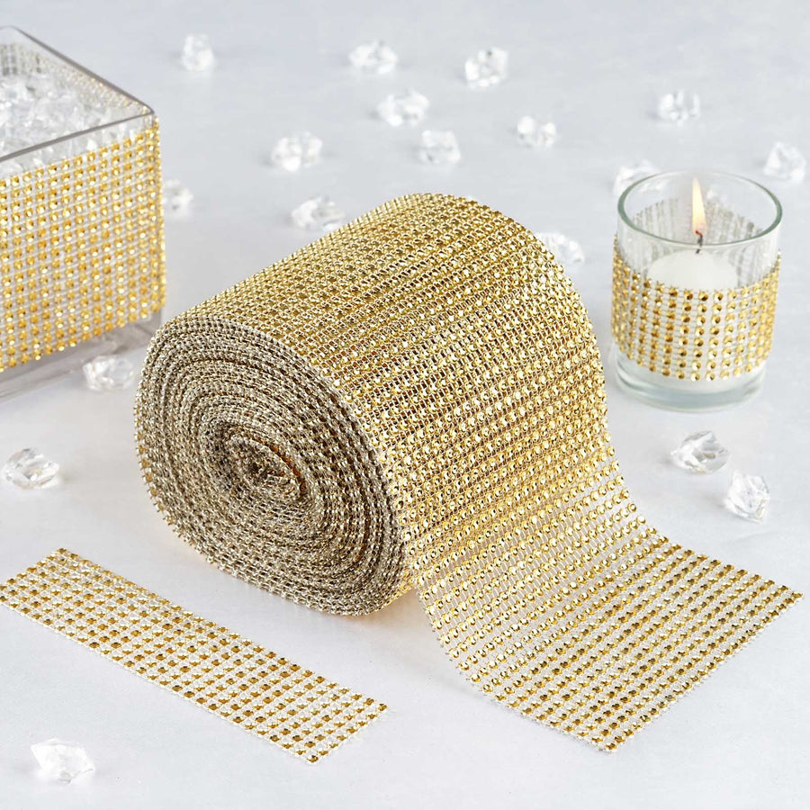 5 inch x 10 Yards Shiny Gold Diamond Rhinestone Ribbon Wrap Roll, DIY Craft Decor#whtbkgd