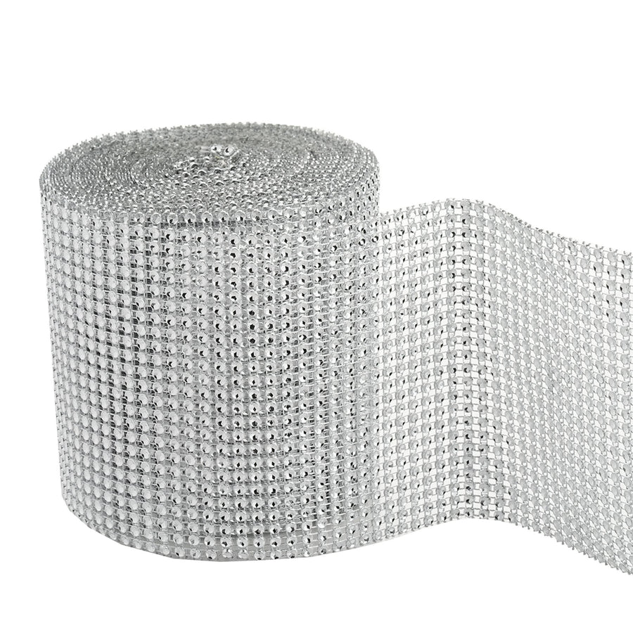 5 inch x 10 Yards Shiny Silver Diamond Rhinestone Ribbon Wrap Roll, DIY Craft Decor