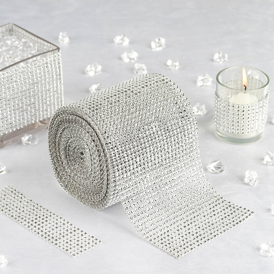 5 inch x 10 Yards Shiny Silver Diamond Rhinestone Ribbon Wrap Roll, DIY Craft Decor#whtbkgd