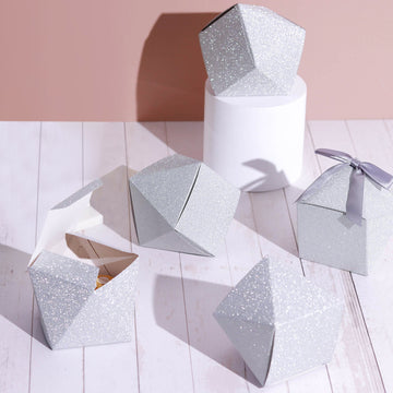 25 Pack | 3"x4" DIY Silver Glittered Geometric Wedding Favor Gift Box