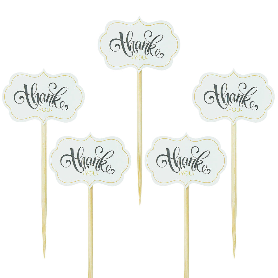 50 Pack | 5inch Thank You Tag Cloud Cupcake Toppers, Bamboo Skewers, Decorative Top Cocktail Picks