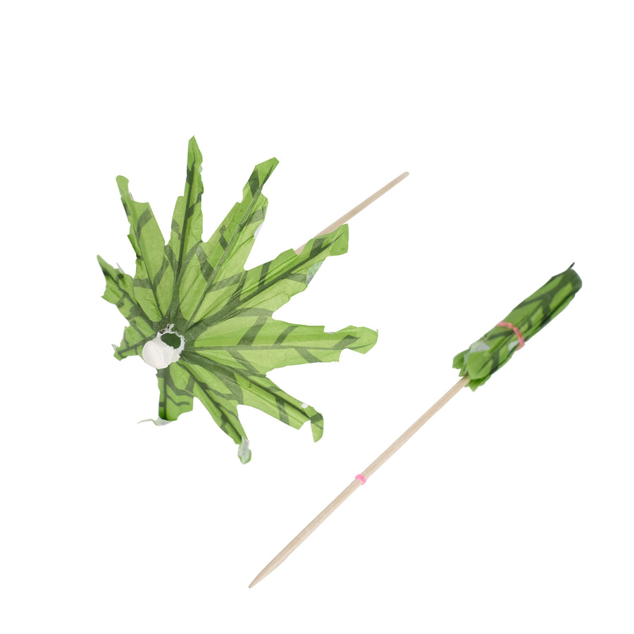 Green Tropical Leaf Parasol Cocktail Drink Umbrella Picks, Natural Bamboo Skewer Sticks#whtbkgd
