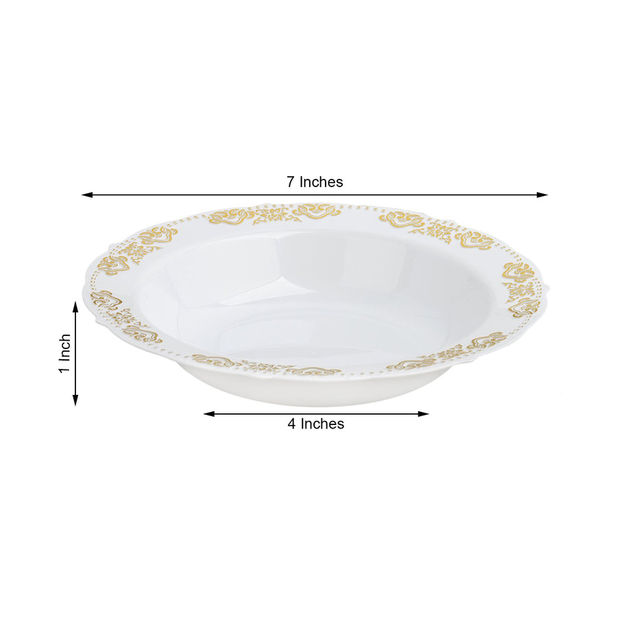 10 Pack | Gold Embossed White 12oz Disposable Plastic Soup Bowl - Round With Scalloped Edges