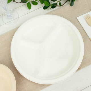 Elegant White Biodegradable Bagasse 3-Compartment Party Plates
