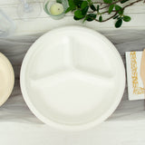 50 Pack | 10inch White Biodegradable Bagasse 3-Compartment Party Plates