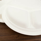 50 Pack | 10inch White Biodegradable Bagasse 3-Compartment Party Plates