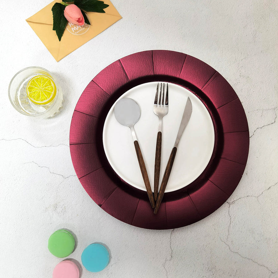 Burgundy Disposable 13inch Charger Plates, Cardboard Serving Tray, Round with Leathery Texture