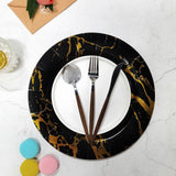 Marble Disposable 13inch Charger Plates, Cardboard Serving Tray, Round Leathery Texture - Black/Gold