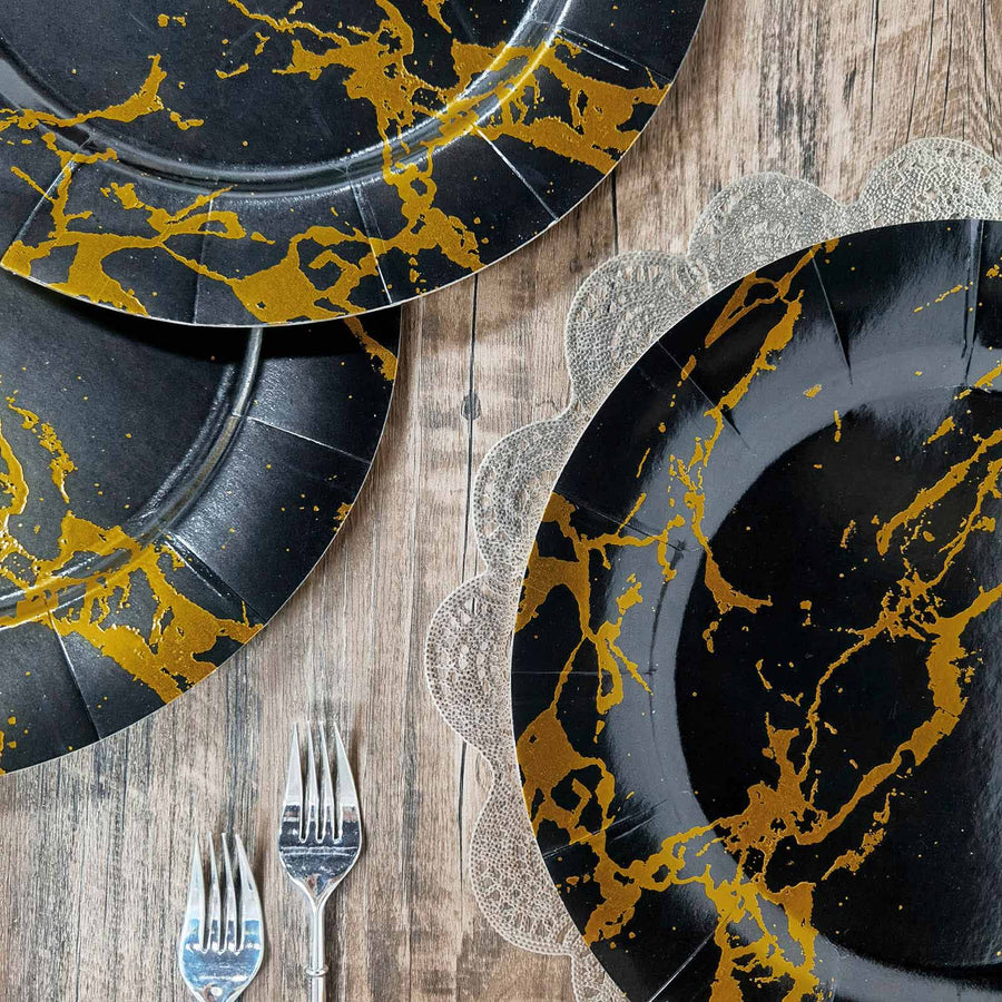Marble Disposable 13inch Charger Plates, Cardboard Serving Tray, Round Leathery Texture - Black/Gold