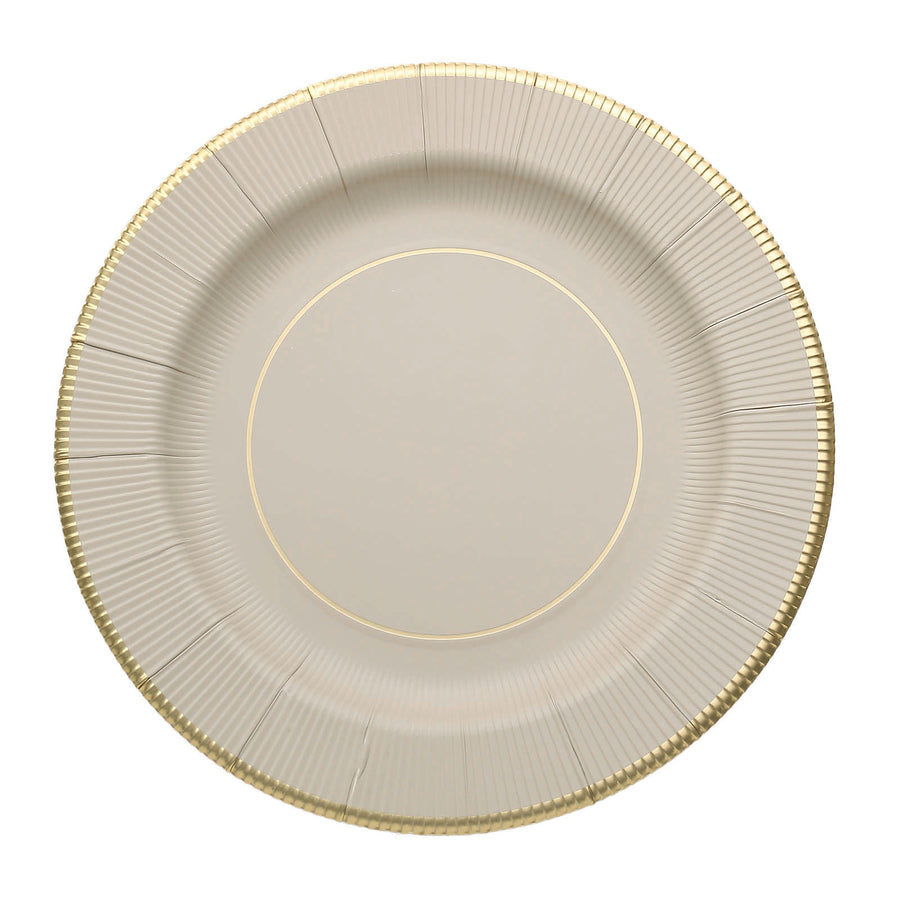 25 Pack | 13inch Taupe Gold Rim Sunray Disposable Charger Plates#whtbkgd