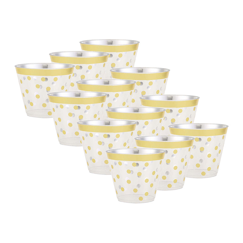 12 Pack | Gold Rim Polka Dot 9oz Plastic Cups, Disposable Tumblers