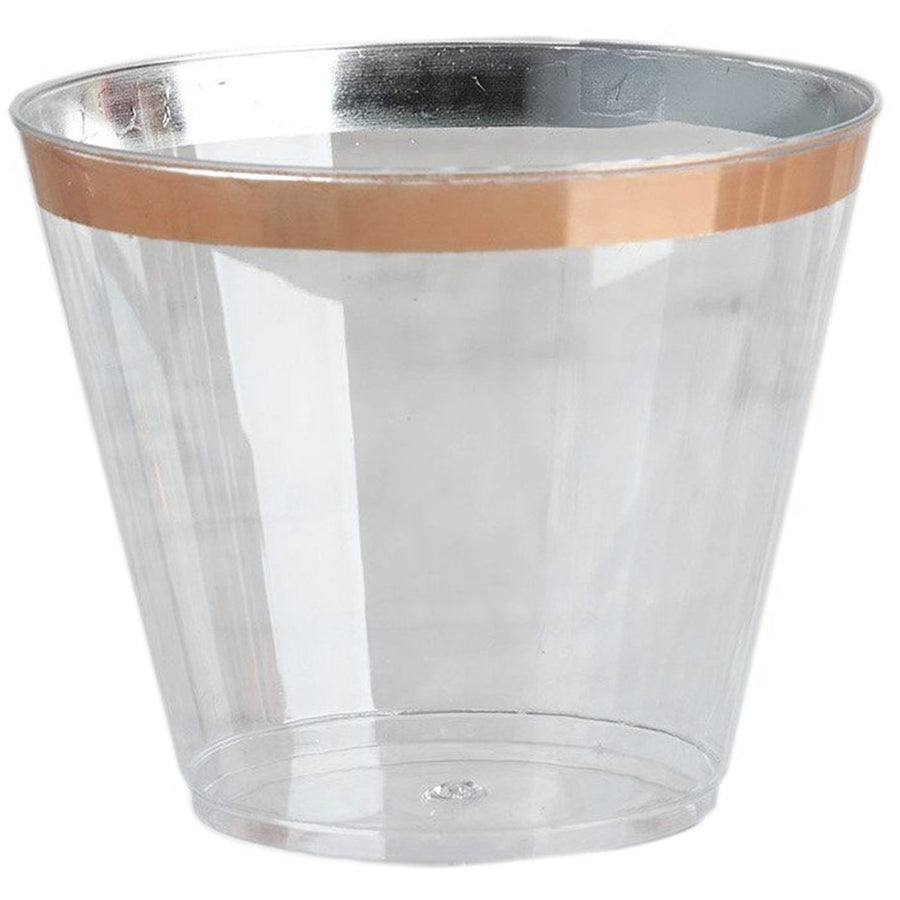 12 Pack | Clear 10oz Rose Gold Rim Plastic Party Cups, Disposable Tumblers#whtbkgd