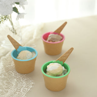 Colorful Reusable Ice Cream Cone Bowls And Spoons - Blue, Green, Pink