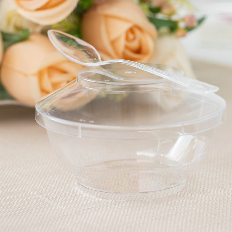 24 Pack | 3.5oz Clear Disposable Dessert Cup, Lid and Spoon Set
