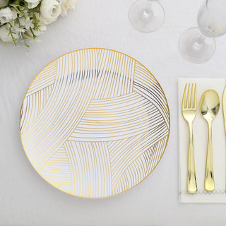 10 Pack | 10" White / Gold Wave Brush Stroked Disposable Dinner Plates