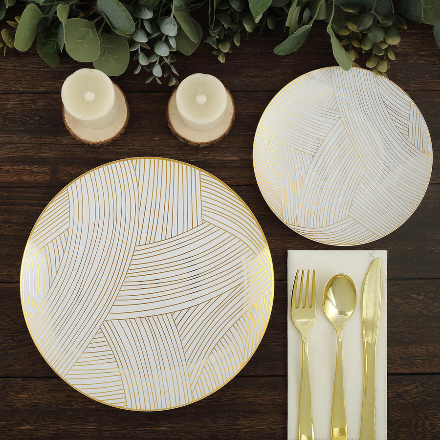 7inch White Gold Wave Brush Stroked Disposable Salad Plates, Plastic Appetizer Dessert Party Plates