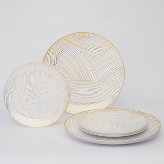 Convenience and Style: 10 Pack | 7" White / Gold Wave Brush Stroked Disposable Salad Plates