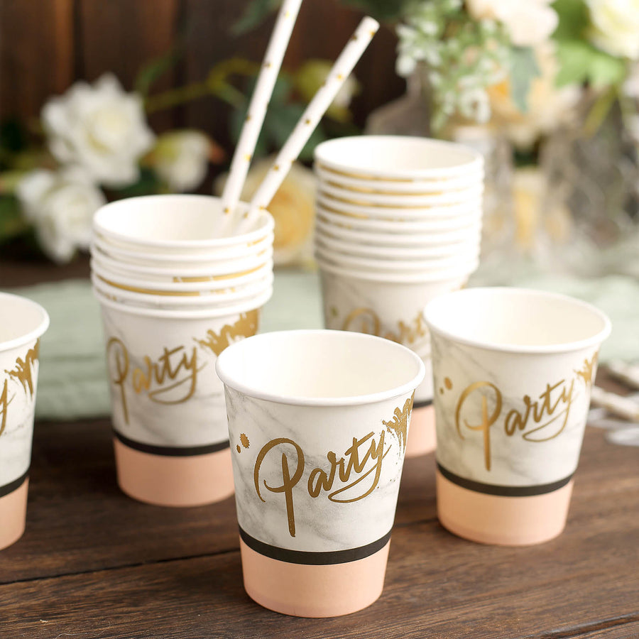 24 Pack | Blush/Rose Gold Marble 9oz Paper Cups, Disposable Cups For Party and All Purpose Use