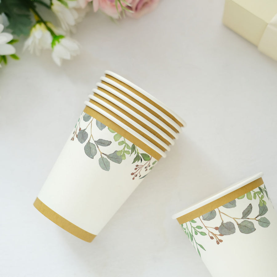 24 Pack | 9oz White Tropical Greenery Gold Trim Party Paper Cups - 250 GSM