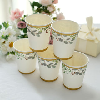 White Tropical Greenery Gold Trim Party Paper Cups - Add Elegance to Your Event
