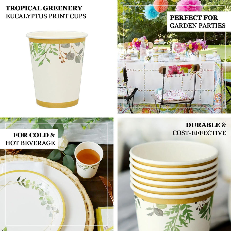24 Pack | 9oz White Tropical Greenery Gold Trim Party Paper Cups - 250 GSM