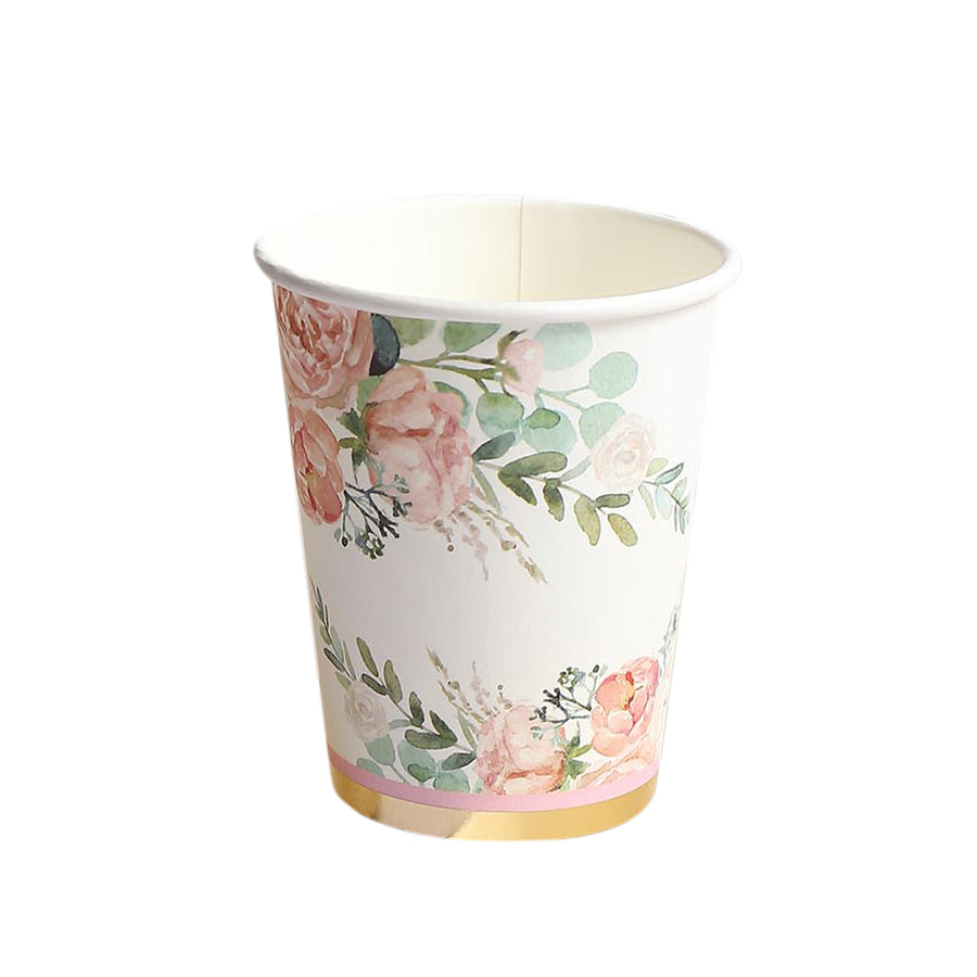 24 Pack | 9oz Peony Flower Gold Foil Elegant Wedding Shower Paper Cups#whtbkgd