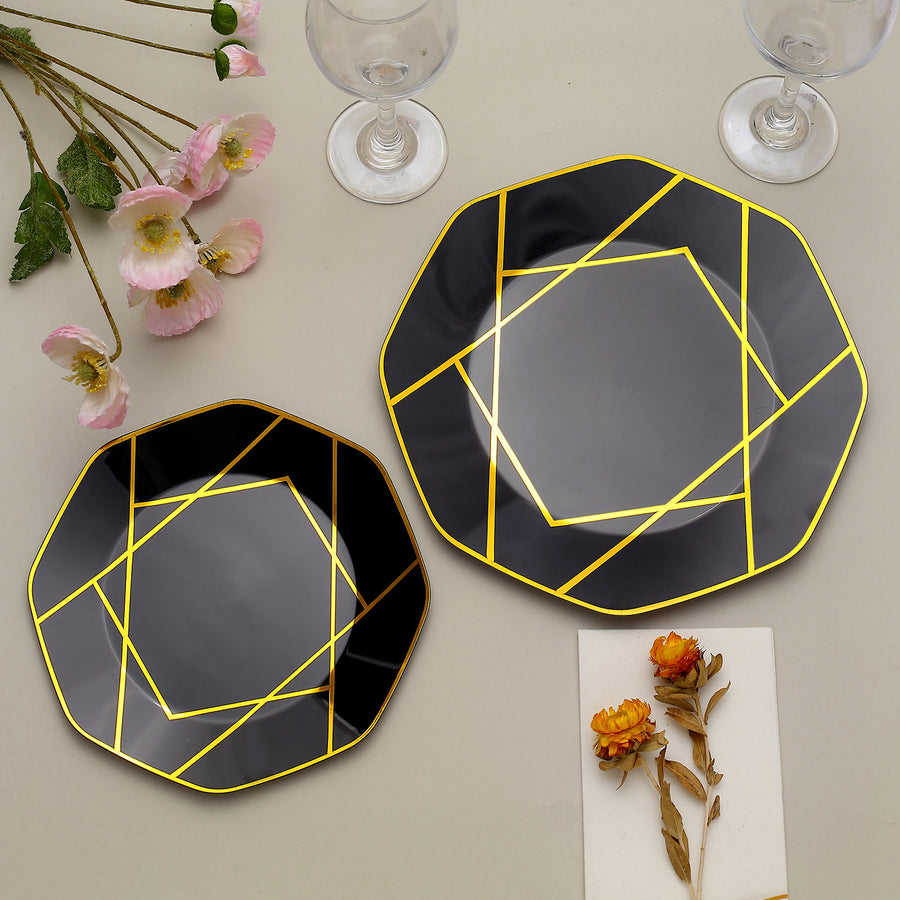 10 Pack | 8inch Black / Gold Geometric Design Disposable Salad Plates