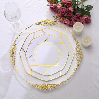 Stylish and Versatile White/Gold Geometric Design Disposable Salad Plates