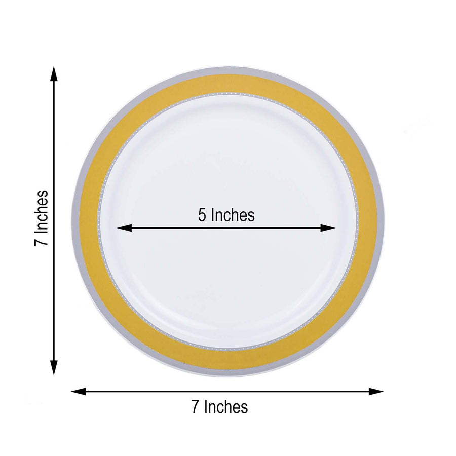 White 7inch Round Gold and Silver Rim Plastic Dessert Plates, Disposable Appetizer Salad Plates