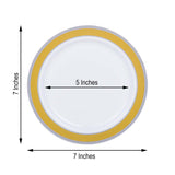 White 7inch Round Gold and Silver Rim Plastic Dessert Plates, Disposable Appetizer Salad Plates