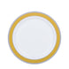 White Round Gold and Silver Rim Plastic Dessert Plates, Disposable Appetizer Salad Plates#whtbkgd
