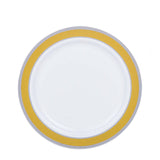 White Round Gold and Silver Rim Plastic Dessert Plates, Disposable Appetizer Salad Plates#whtbkgd