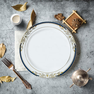 Elevate Your Event Decor with White and Royal Blue Rim Plastic Dinner Plates