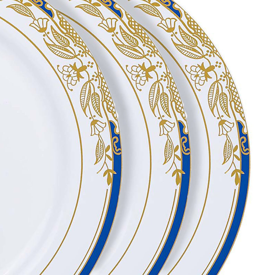 White With Royal Blue Rim 10inch Plastic Dinner Plates, Round With Gold Vine Design#whtbkgd